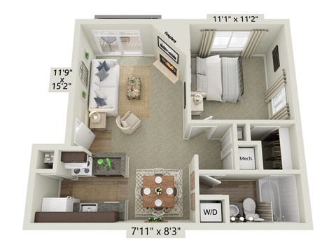 Floor plan for 1 bed, 1 bath, 630 sqft